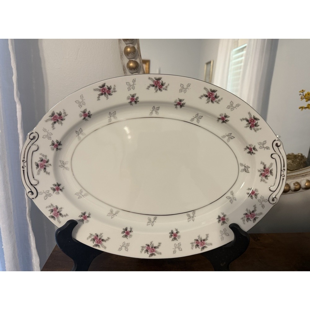 Vintage Rosemere Japan Pink Floral Oval Serving Platter Silver Trim Handled